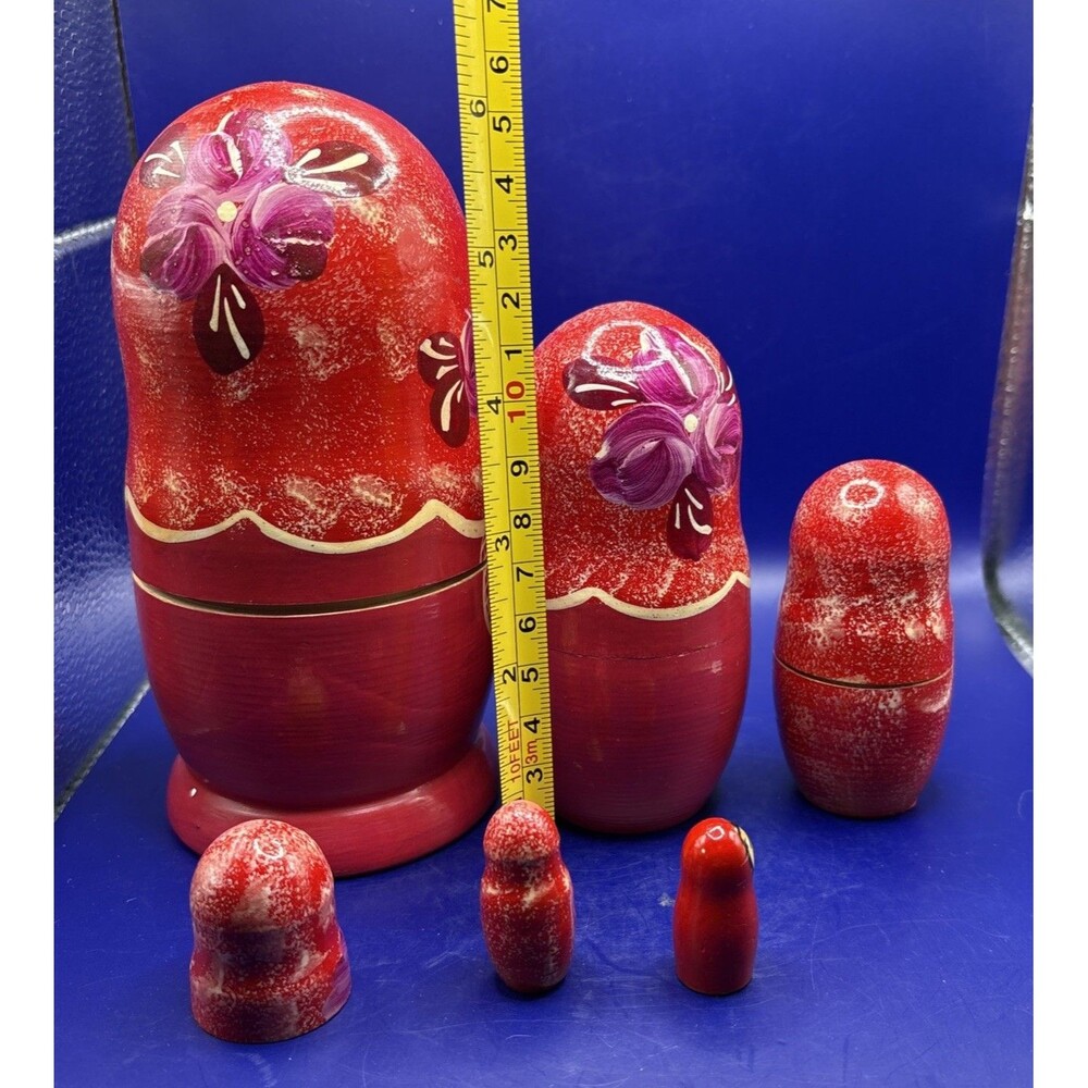 Hand Painted Wooden Russian Matryoshka Nesting Dolls Pink Floral 6pc Set Read - Picture 9 of 9